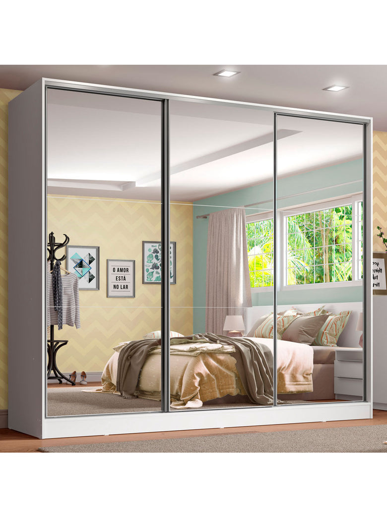 Guarda-Roupa Infantil Madesa Logan 100% MDF 3 Portas de Correr de Espelho Branco