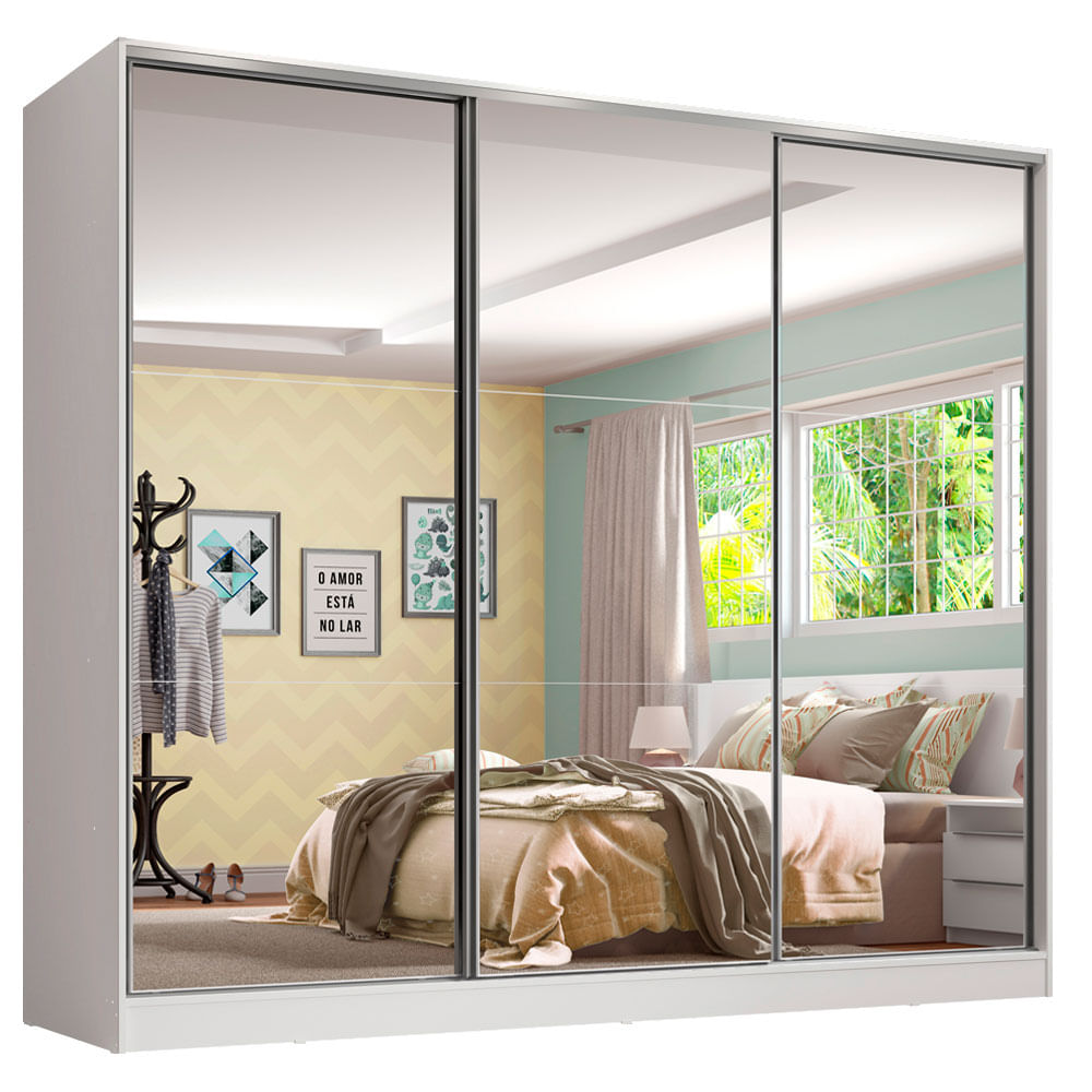 Guarda-Roupa Infantil Madesa Logan 100% MDF 3 Portas de Correr de Espelho Branco - Branco