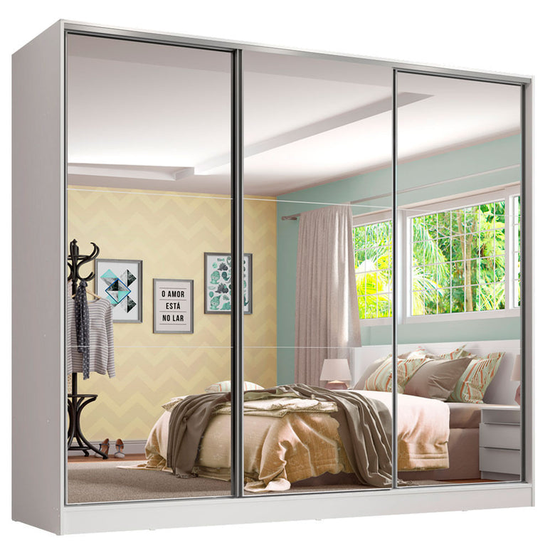 Guarda-Roupa Infantil Madesa Logan 100% MDF 3 Portas de Correr de Espelho Branco