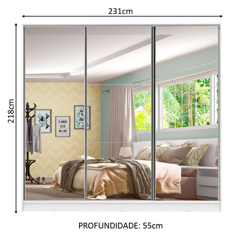 Guarda-Roupa Infantil Madesa Logan 100% MDF 3 Portas de Correr de Espelho Branco