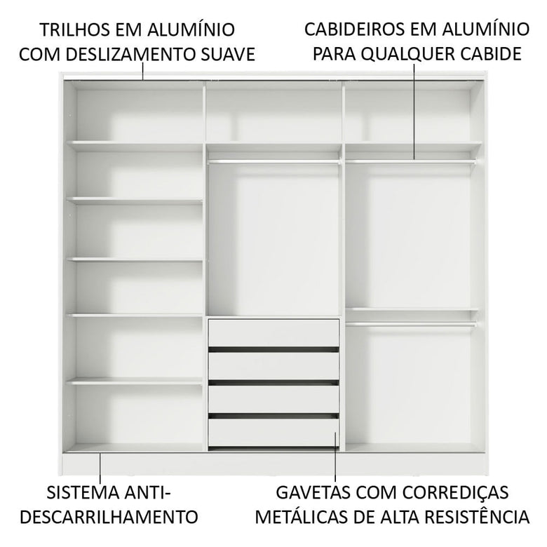 Guarda-Roupa Infantil Madesa Logan 100% MDF 3 Portas de Correr de Espelho Branco