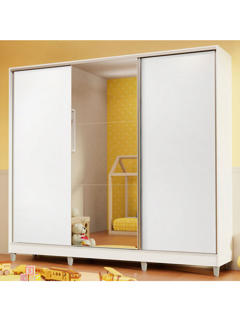 Guarda-Roupa Infantil Madesa Logan 100% MDF 3 Portas de Correr com Espelho com Pés Branco
