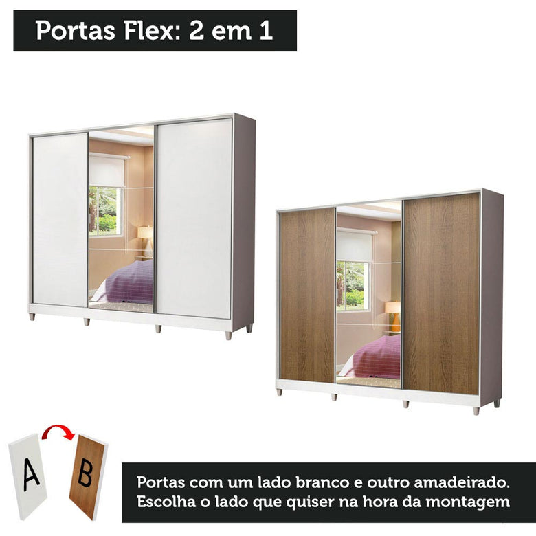 Guarda-Roupa Infantil Madesa Logan 100% MDF 3 Portas de Correr com Espelho com Pés Branco
