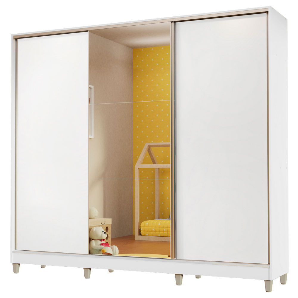 Guarda-Roupa Infantil Madesa Logan 100% MDF 3 Portas de Correr com Espelho com Pés Branco - Branco