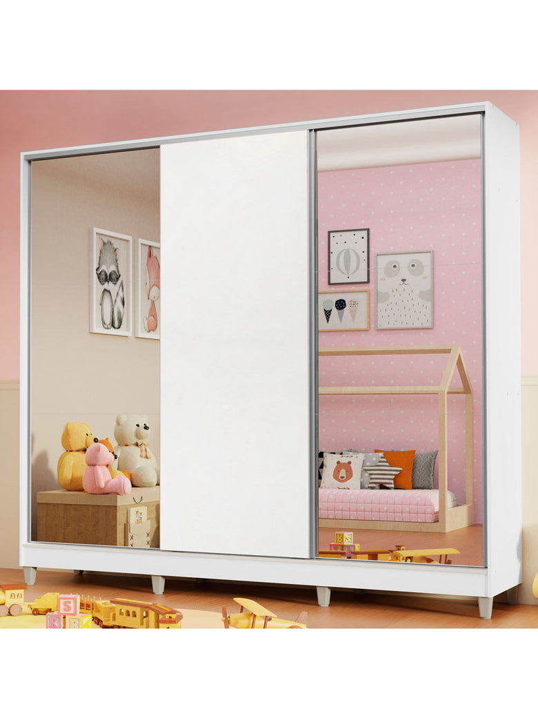 Guarda-Roupa Infantil Madesa Logan 100% MDF 3 Portas de Correr com Espelhos com Pés Branco