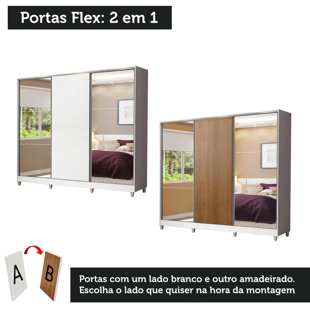 Guarda-Roupa Infantil Madesa Logan 100% MDF 3 Portas de Correr com Espelhos com Pés Branco
