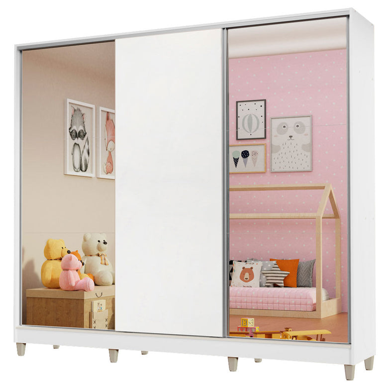 Guarda-Roupa Infantil Madesa Logan 100% MDF 3 Portas de Correr com Espelhos com Pés Branco