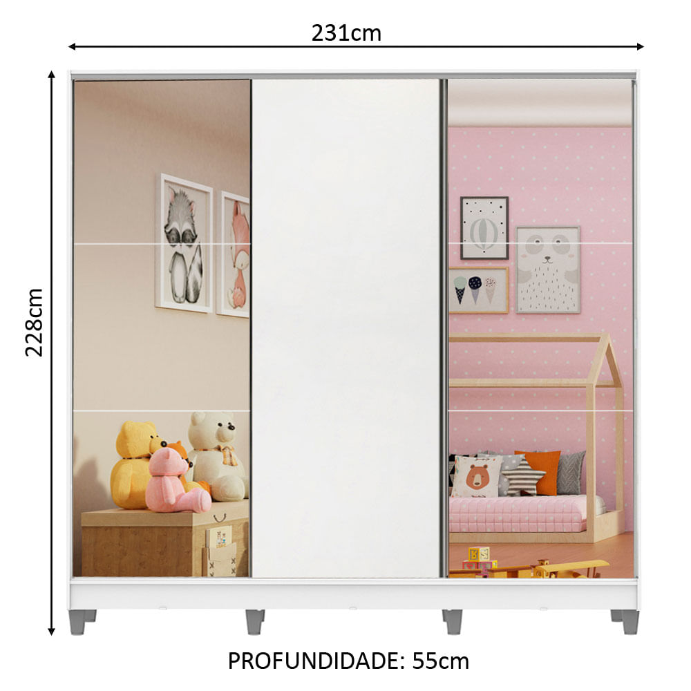 Guarda-Roupa Infantil Madesa Logan 100% MDF 3 Portas de Correr com Espelhos com Pés Branco