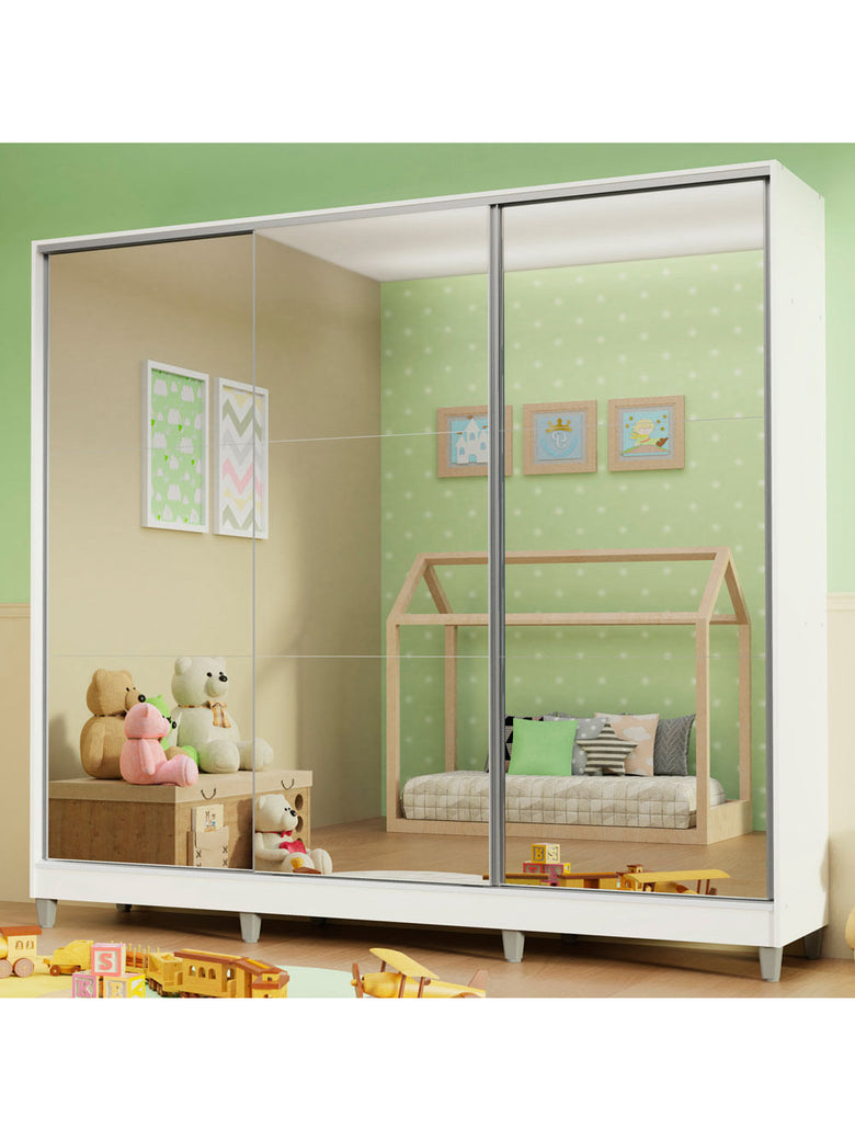 Guarda-Roupa Infantil Madesa Logan 100% MDF 3 Portas de Correr de Espelho com Pés Branco