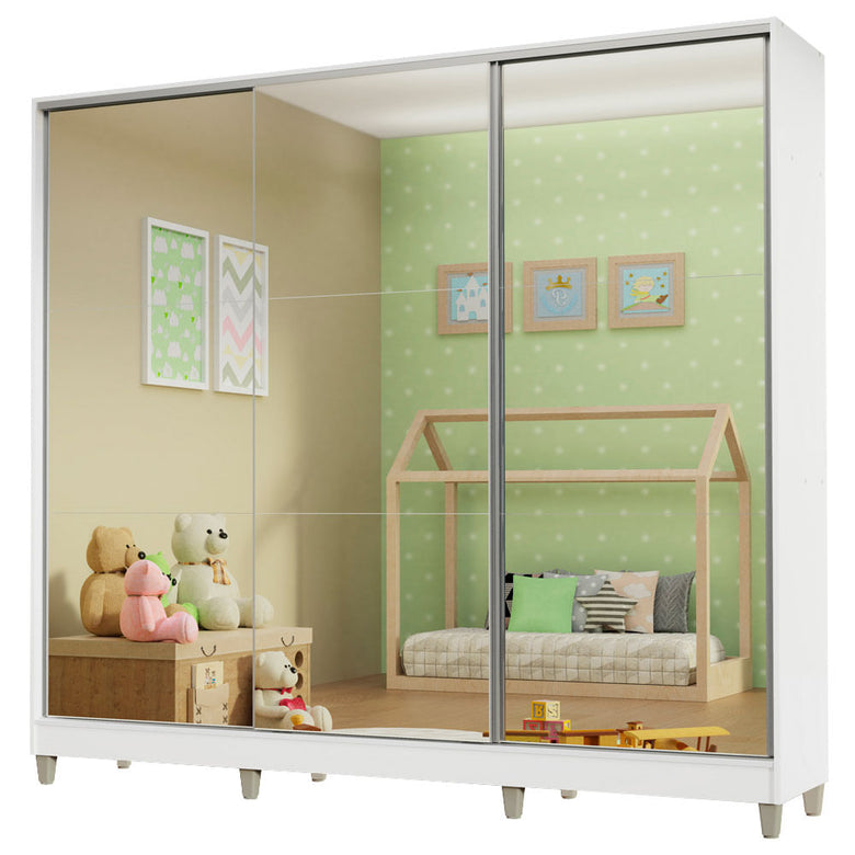 Guarda-Roupa Infantil Madesa Logan 100% MDF 3 Portas de Correr de Espelho com Pés Branco