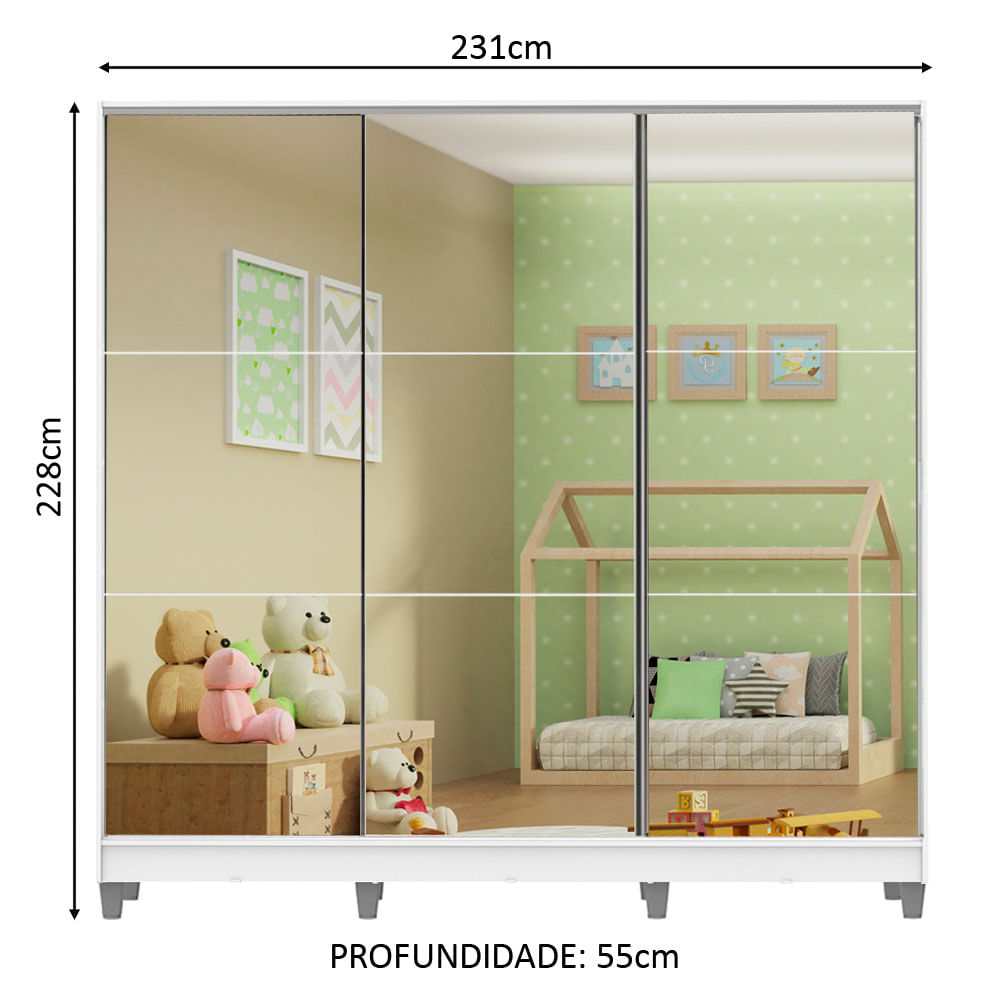 Guarda-Roupa Infantil Madesa Logan 100% MDF 3 Portas de Correr de Espelho com Pés Branco