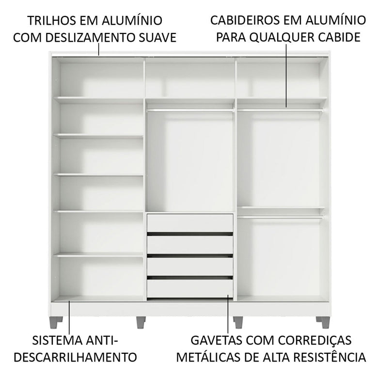 Guarda-Roupa Infantil Madesa Logan 100% MDF 3 Portas de Correr de Espelho com Pés Branco