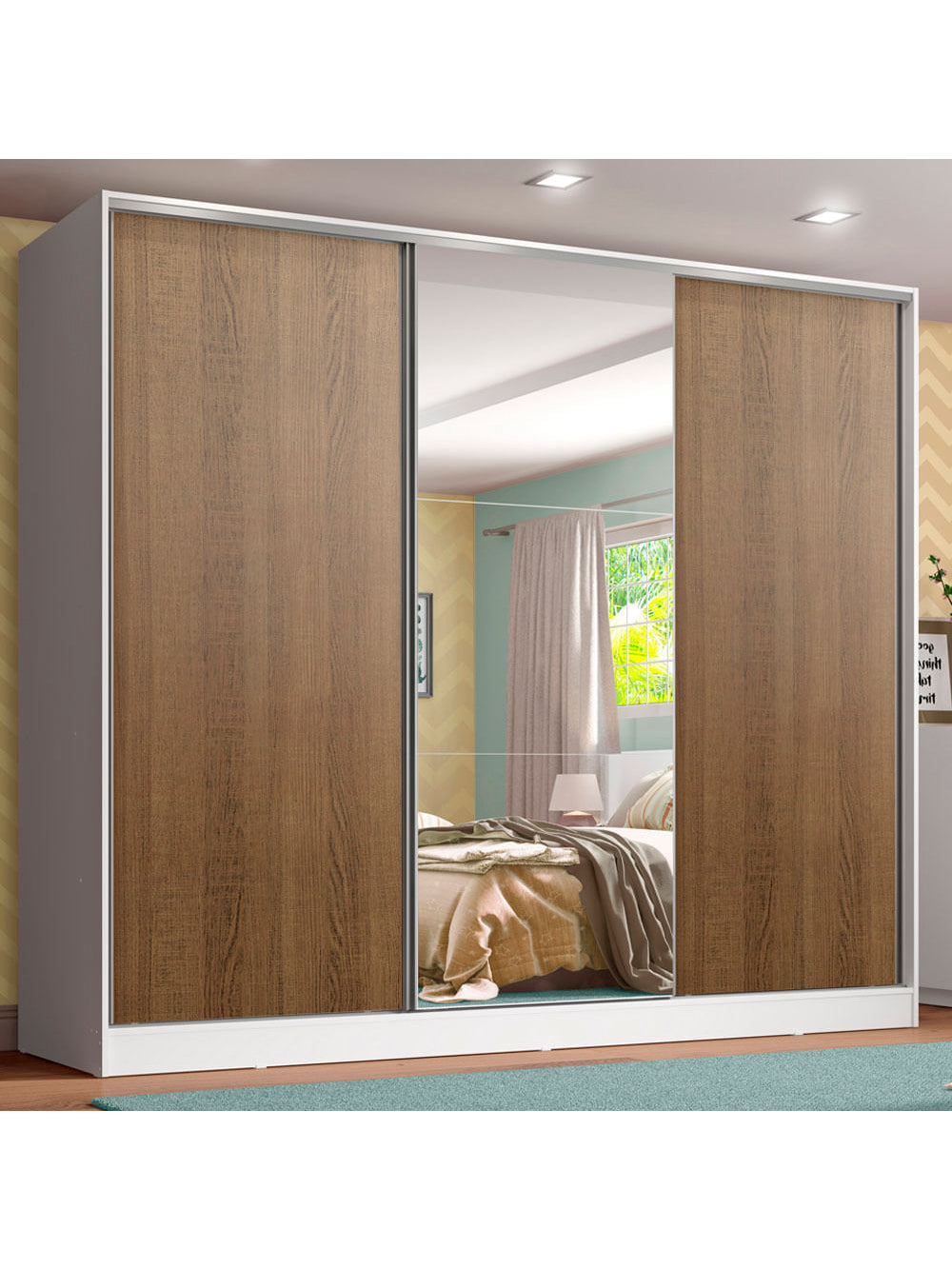 Guarda-Roupa Infantil Madesa Logan 100% MDF 3 Portas de Correr com Espelho Branco/Rustic - Branco/Rustic