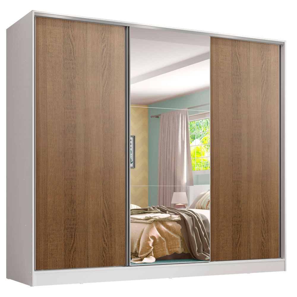 Guarda-Roupa Infantil Madesa Logan 100% MDF 3 Portas de Correr com Espelho Branco/Rustic - Branco/Rustic