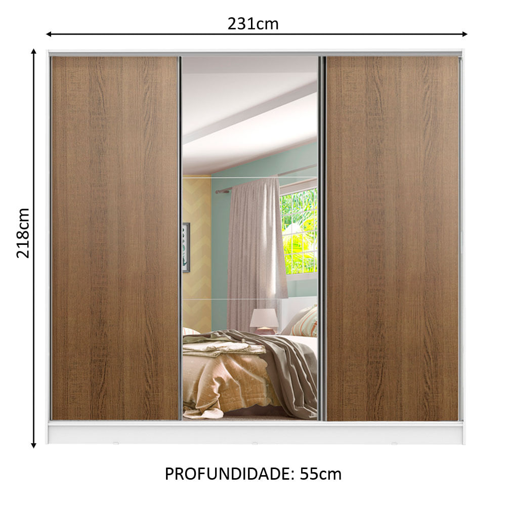 Guarda-Roupa Infantil Madesa Logan 100% MDF 3 Portas de Correr com Espelho Branco/Rustic