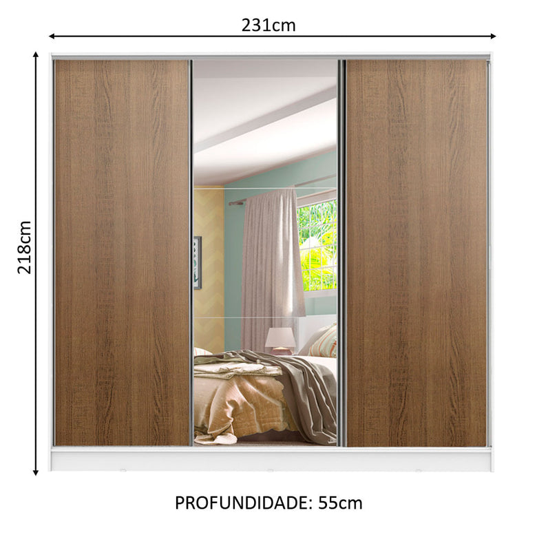 Guarda-Roupa Infantil Madesa Logan 100% MDF 3 Portas de Correr com Espelho Branco/Rustic