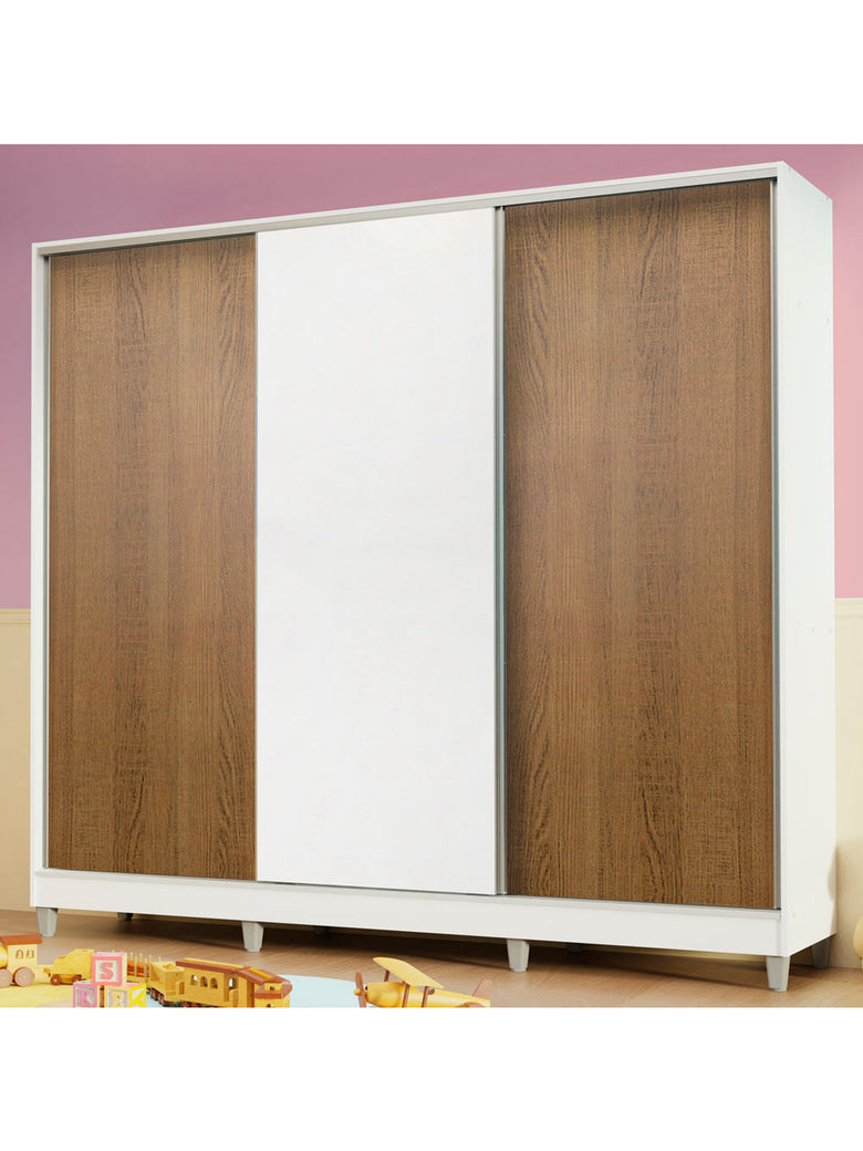Guarda-Roupa Infantil Madesa Logan 100% MDF 3 Portas de Correr com Pés Branco/Rustic/Branco