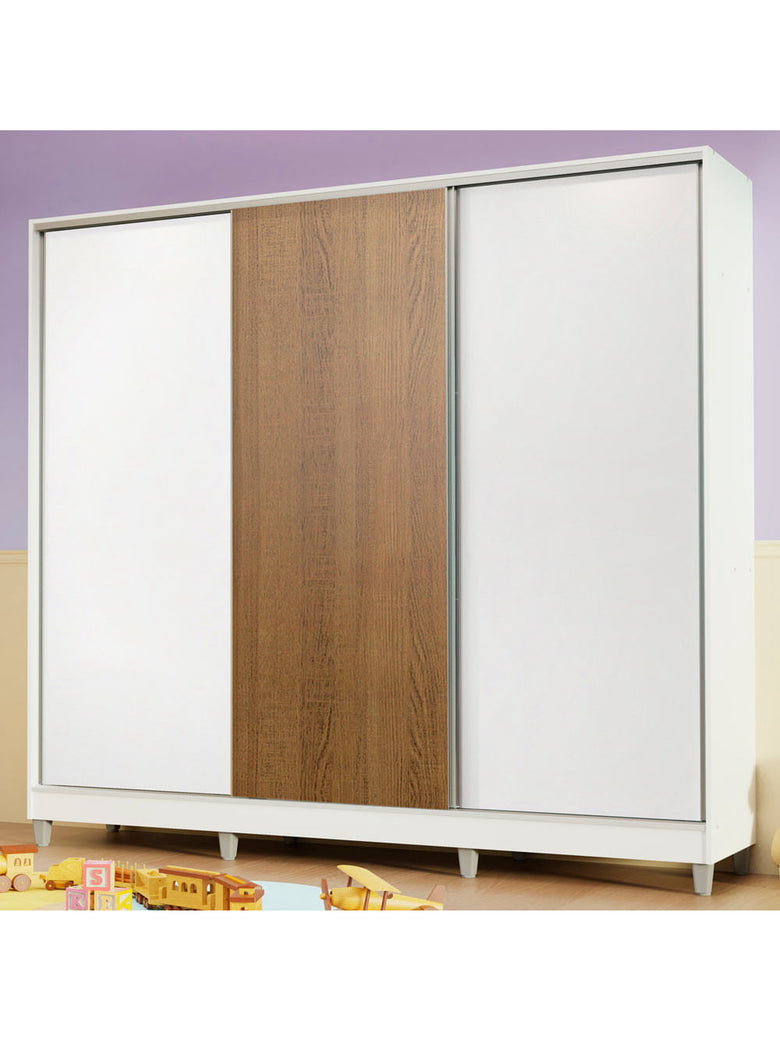 Guarda-Roupa Infantil Madesa Logan 100% MDF 3 Portas de Correr com Pés Branco/Branco/Rustic