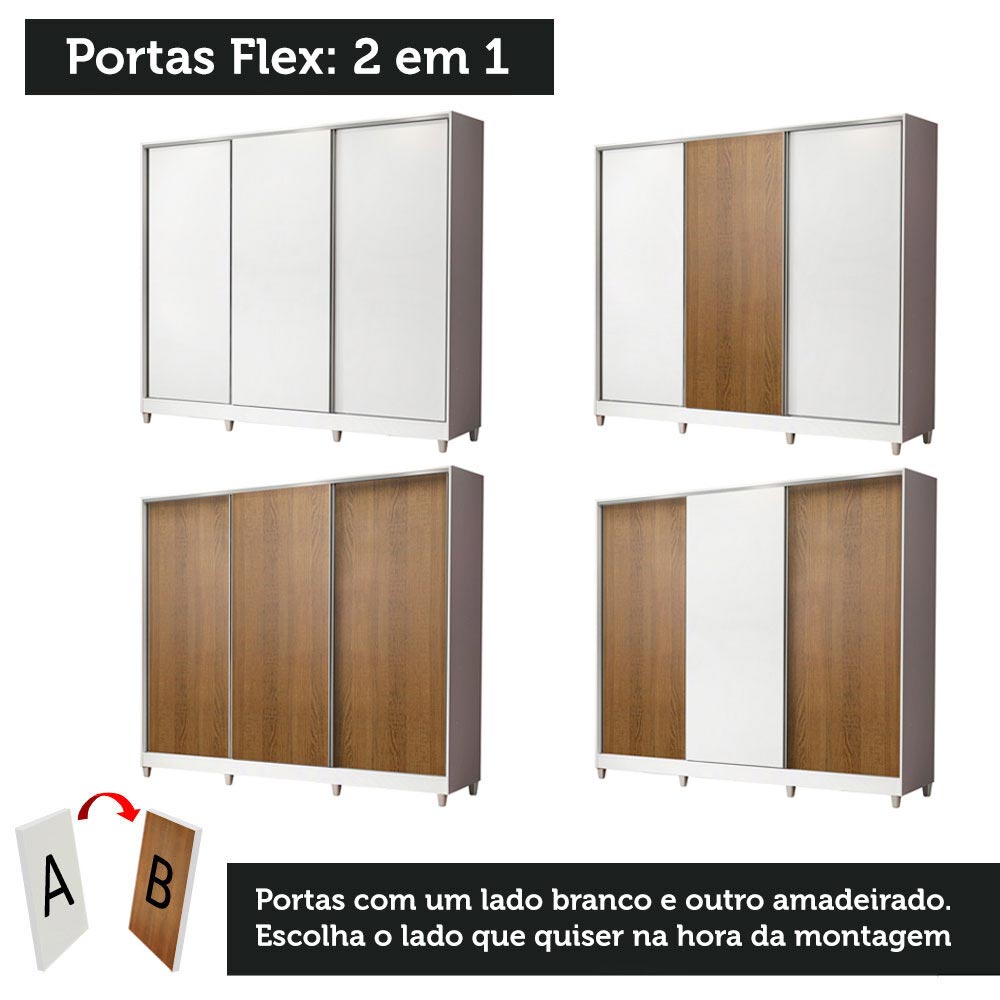 Guarda-Roupa Infantil Madesa Logan 100% MDF 3 Portas de Correr com Pés Branco/Branco/Rustic