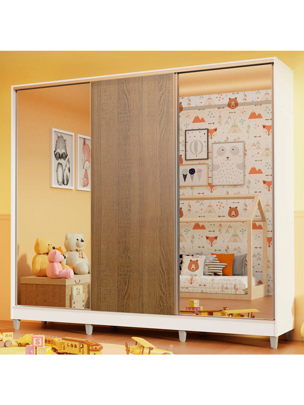 Guarda-Roupa Infantil Madesa Logan 100% MDF 3 Portas de Correr com Espelhos com Pés Branco/Rustic - Branco/Rustic