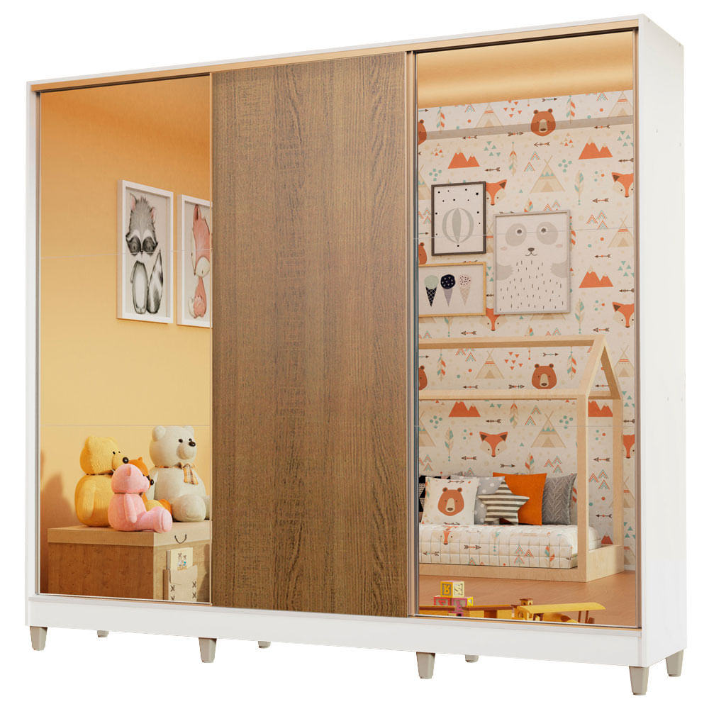 Guarda-Roupa Infantil Madesa Logan 100% MDF 3 Portas de Correr com Espelhos com Pés Branco/Rustic - Branco/Rustic