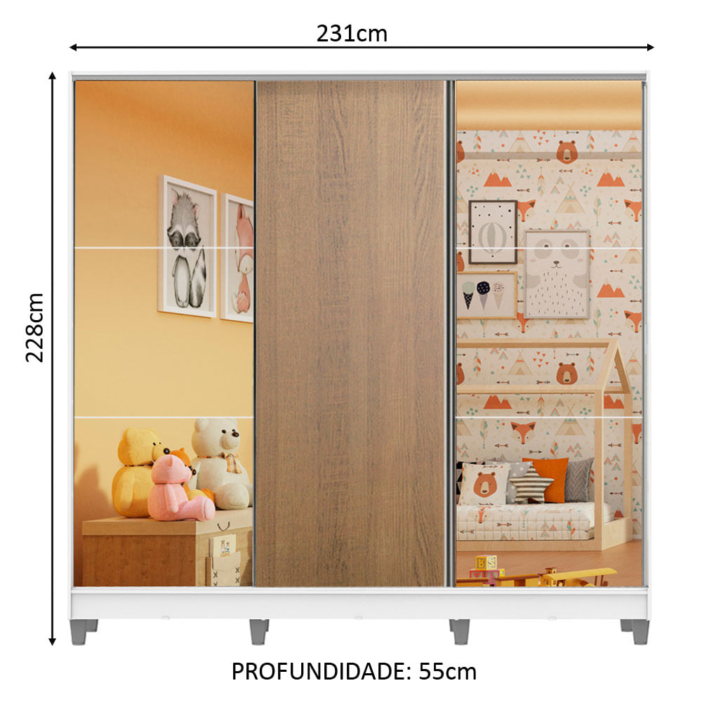 Guarda-Roupa Infantil Madesa Logan 100% MDF 3 Portas de Correr com Espelhos com Pés Branco/Rustic