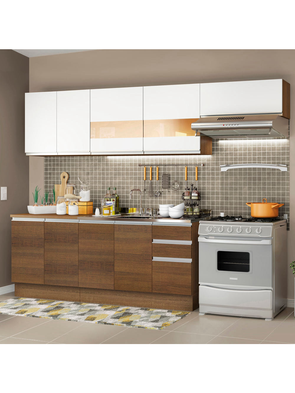 Armário de Cozinha Completa 280cm Rustic/Rustic/Branco Marcela Madesa 03 - Rustic/Rustic/Branco