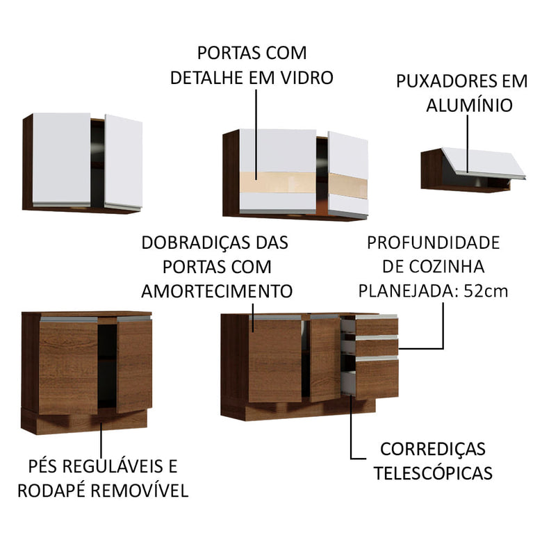 Armário de Cozinha Completa 280cm Rustic/Rustic/Branco Marcela Madesa 03