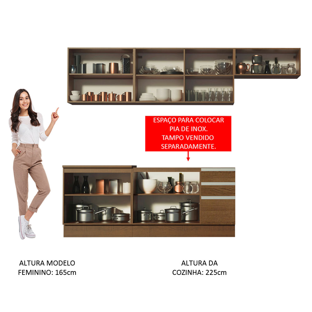 Armário de Cozinha Completa 280cm Rustic/Rustic/Branco Marcela Madesa 03