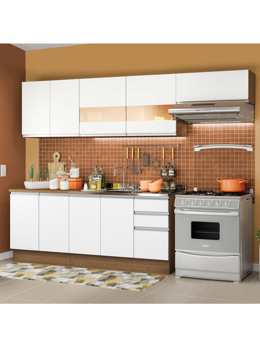 Armário de Cozinha Completa 280cm Rustic/Branco Marcela Madesa 03 - Rustic/Branco