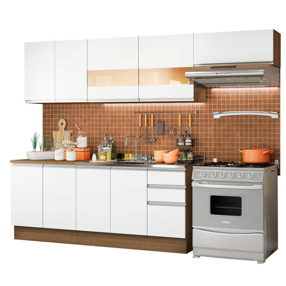 Armário de Cozinha Completa 280cm Rustic/Branco Marcela Madesa 03 - Rustic/Branco