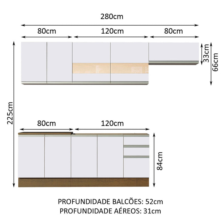 Armário de Cozinha Completa 280cm Rustic/Branco Marcela Madesa 03