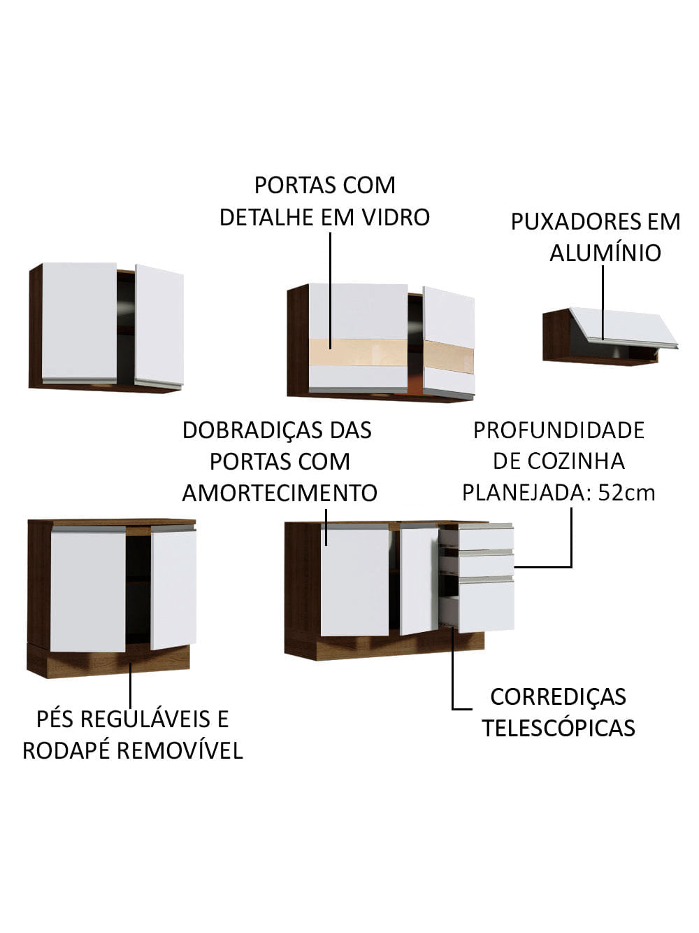 Armário de Cozinha Completa 280cm Rustic/Branco Marcela Madesa 03