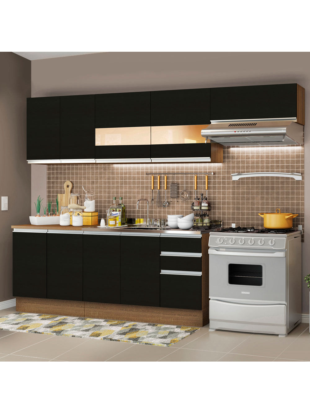 Armário de Cozinha Completa 280cm Rustic/Preto Marcela Madesa 03 - Rustic/Preto