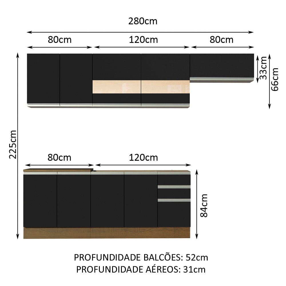 Armário de Cozinha Completa 280cm Rustic/Preto Marcela Madesa 03