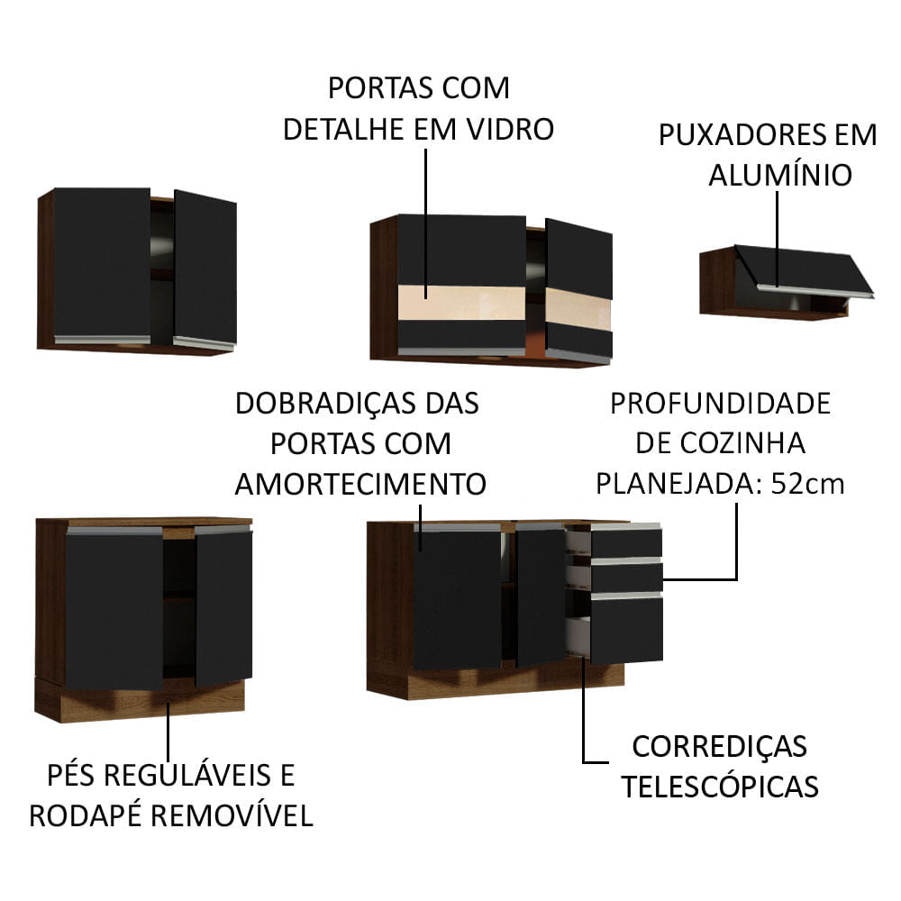 Armário de Cozinha Completa 280cm Rustic/Preto Marcela Madesa 03