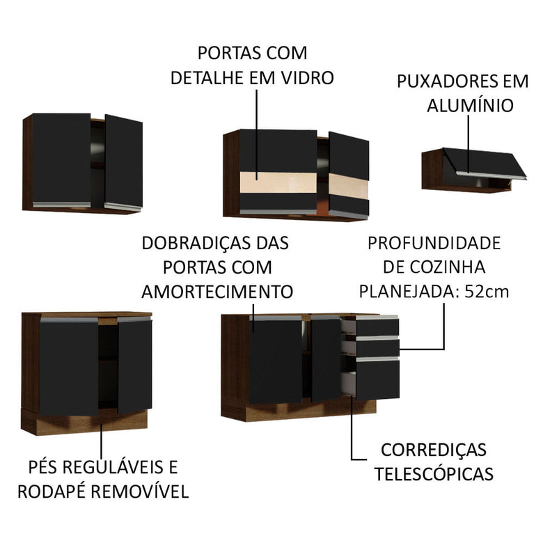 Armário de Cozinha Completa 280cm Rustic/Preto Marcela Madesa 03