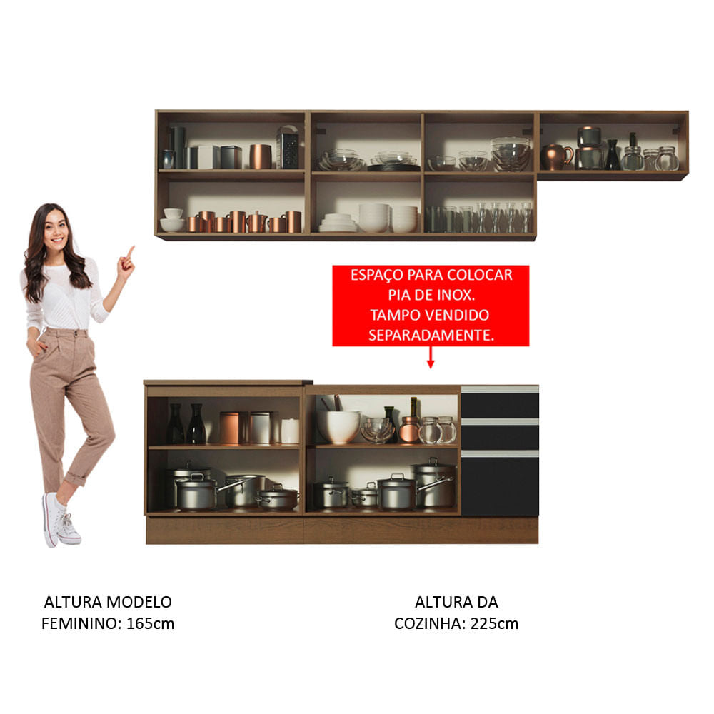 Armário de Cozinha Completa 280cm Rustic/Preto Marcela Madesa 03