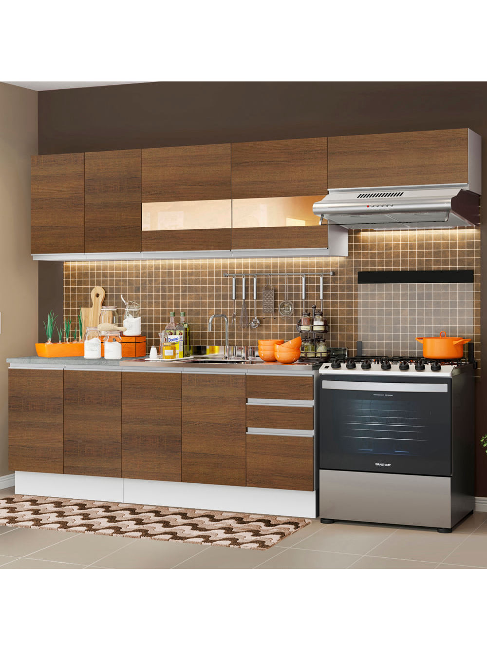 Armário de Cozinha Completa 280cm Branco/Rustic Marcela Madesa 03 - Branco/Rustic