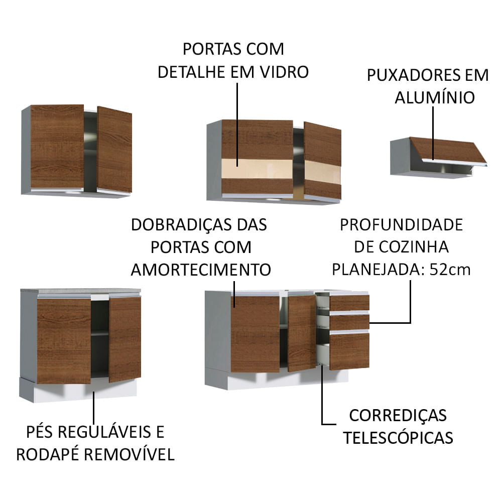 Armário de Cozinha Completa 280cm Branco/Rustic Marcela Madesa 03
