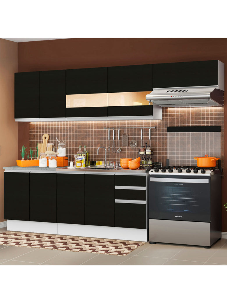Armário de Cozinha Completa 280cm Branco/Preto Marcela Madesa 03