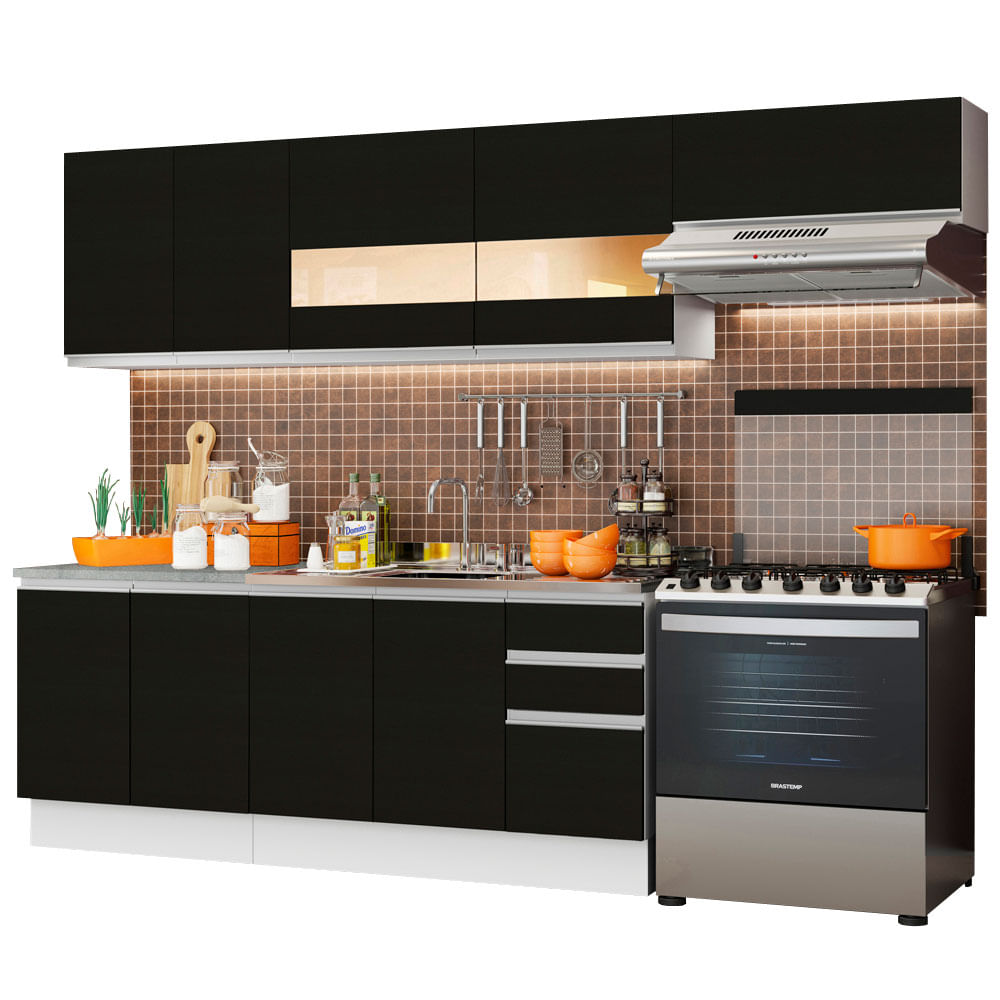 Armário de Cozinha Completa 280cm Branco/Preto Marcela Madesa 03 - Branco/Preto