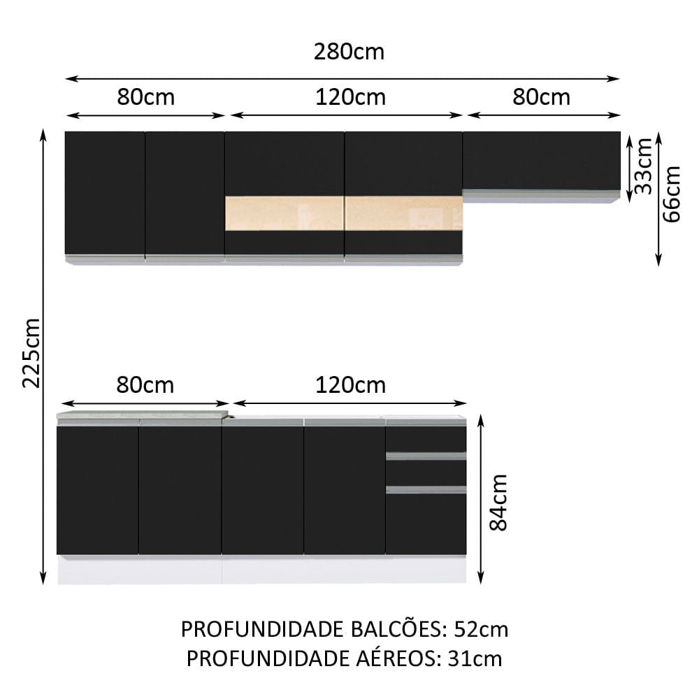 Armário de Cozinha Completa 280cm Branco/Preto Marcela Madesa 03