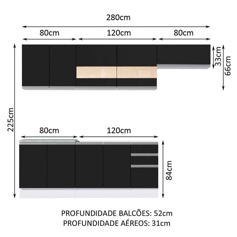 Armário de Cozinha Completa 280cm Branco/Preto Marcela Madesa 03