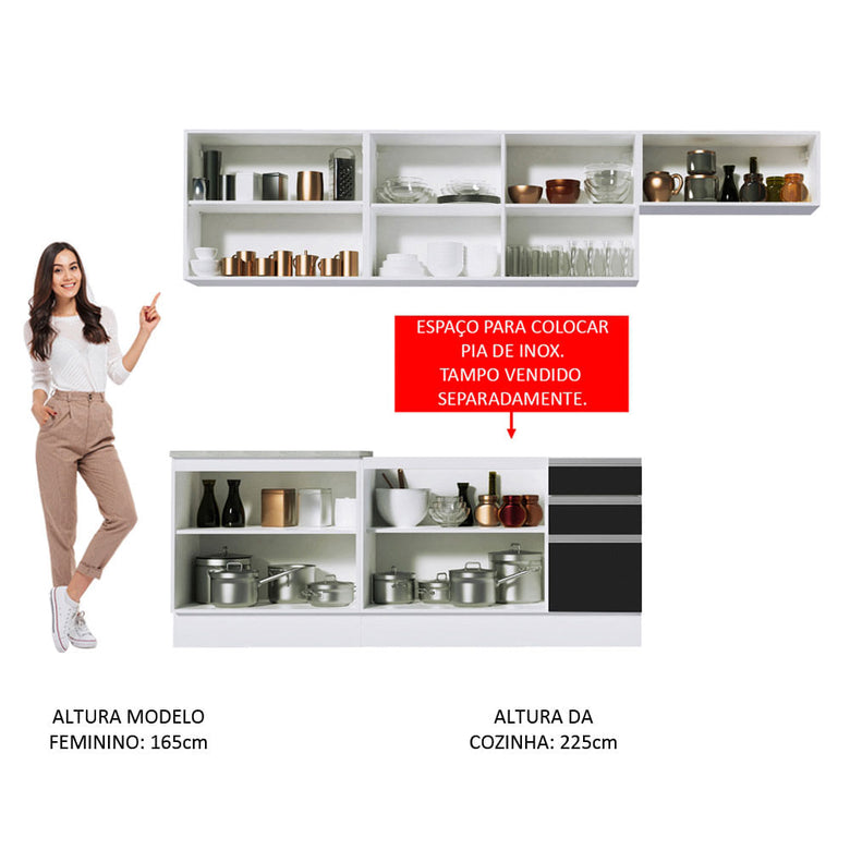 Armário de Cozinha Completa 280cm Branco/Preto Marcela Madesa 03