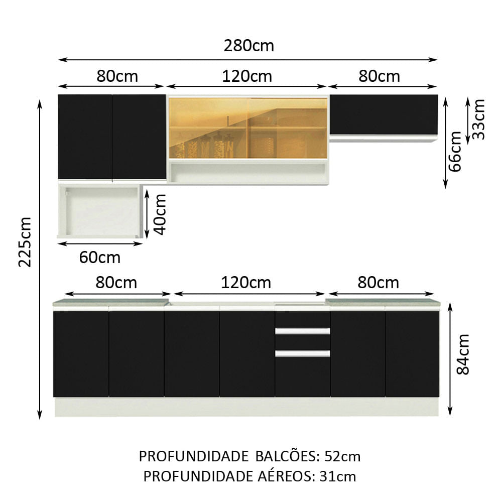 Armário de Cozinha Completa 280cm Branco/Preto Genova Madesa 04