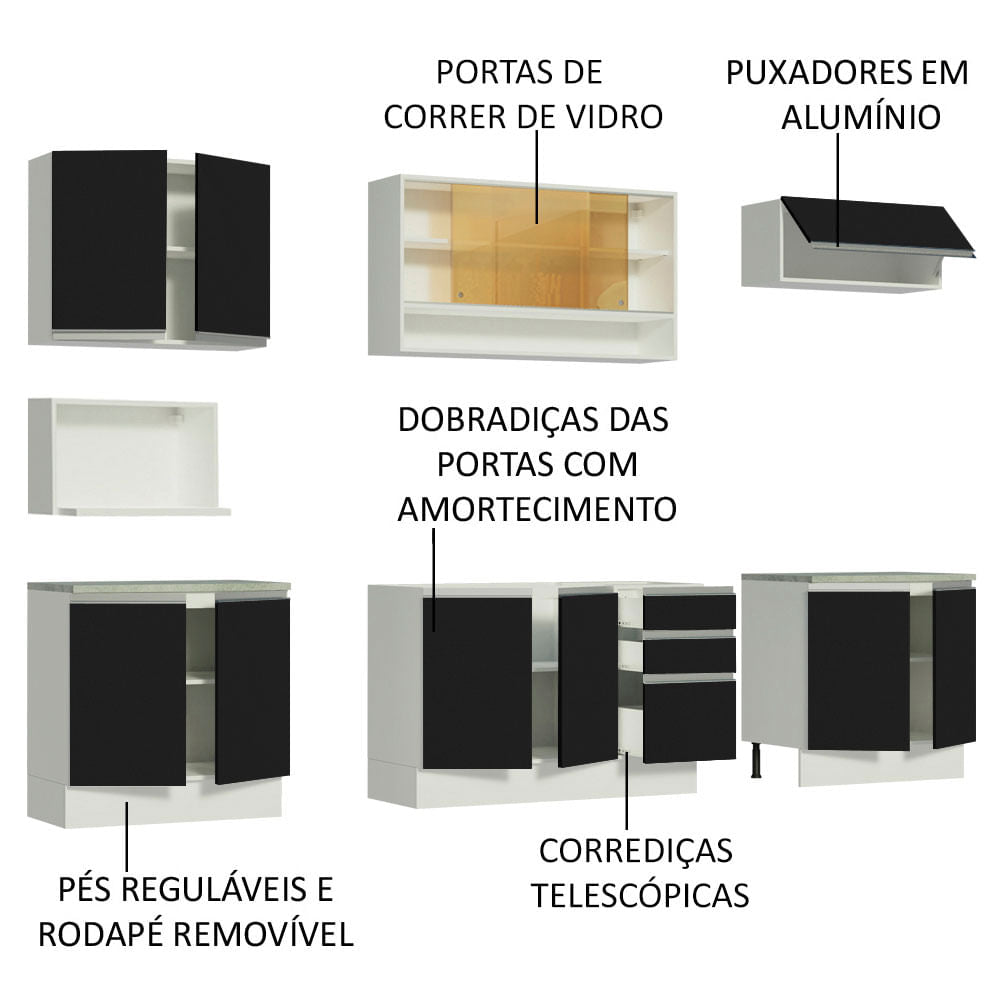 Armário de Cozinha Completa 280cm Branco/Preto Genova Madesa 04