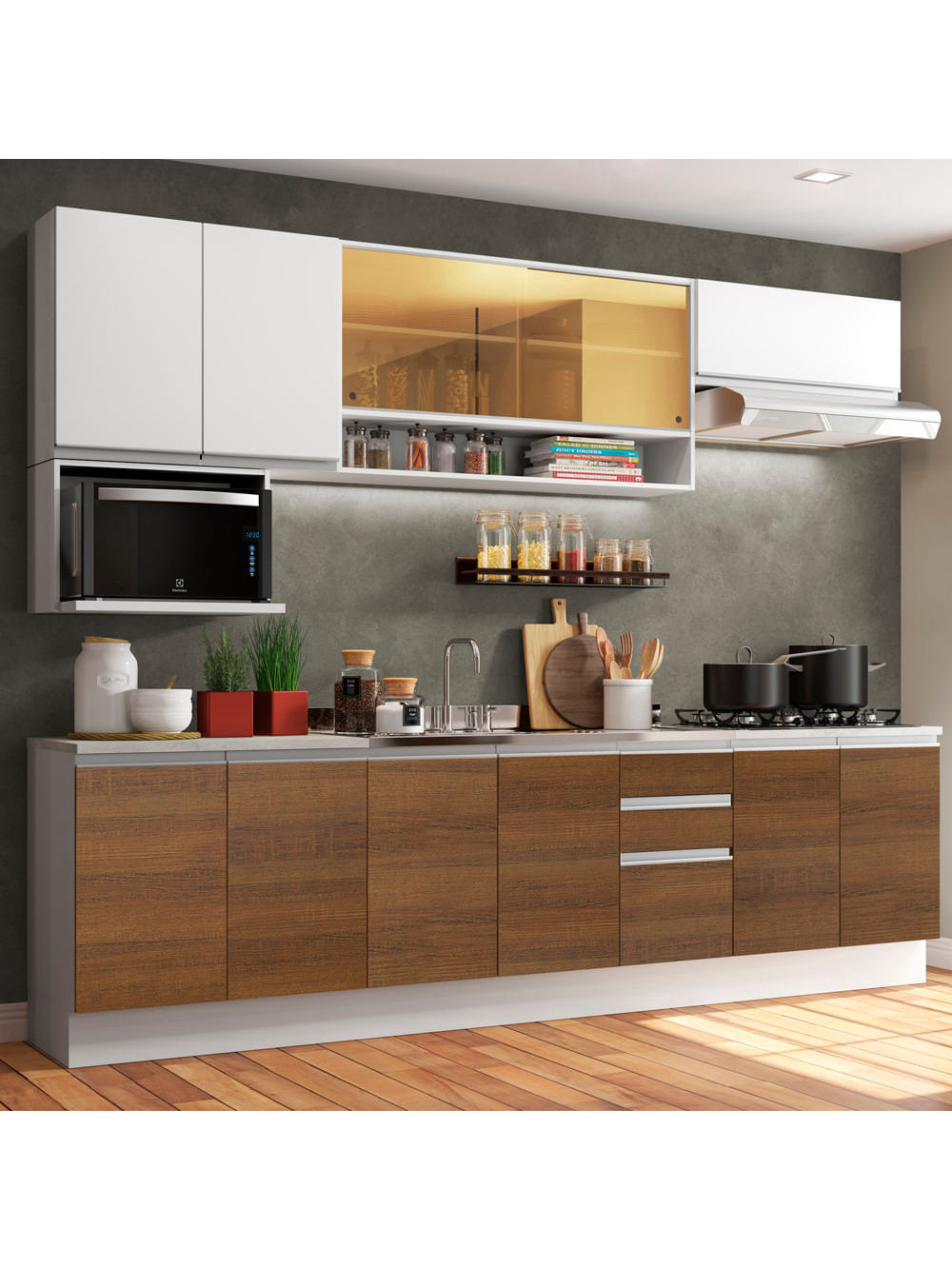 Armário de Cozinha Completa 280cm Branco/Rustic/Branco Genova Madesa 04 - Branco/Rustic/Branco