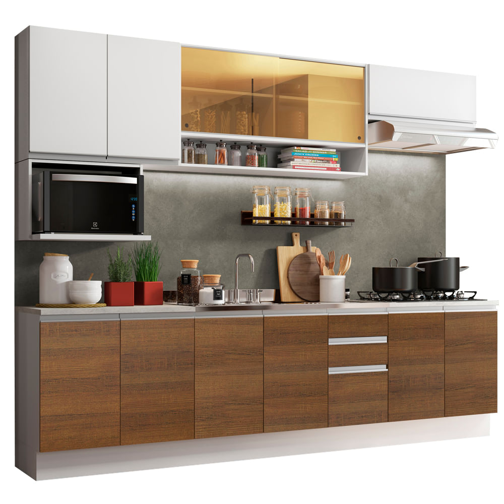 Armário de Cozinha Completa 280cm Branco/Rustic/Branco Genova Madesa 04 - Branco/Rustic/Branco