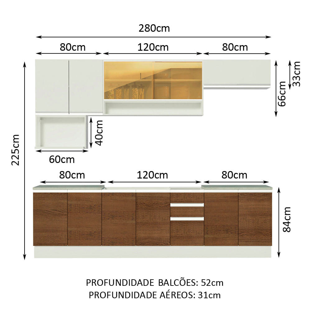 Armário de Cozinha Completa 280cm Branco/Rustic/Branco Genova Madesa 04